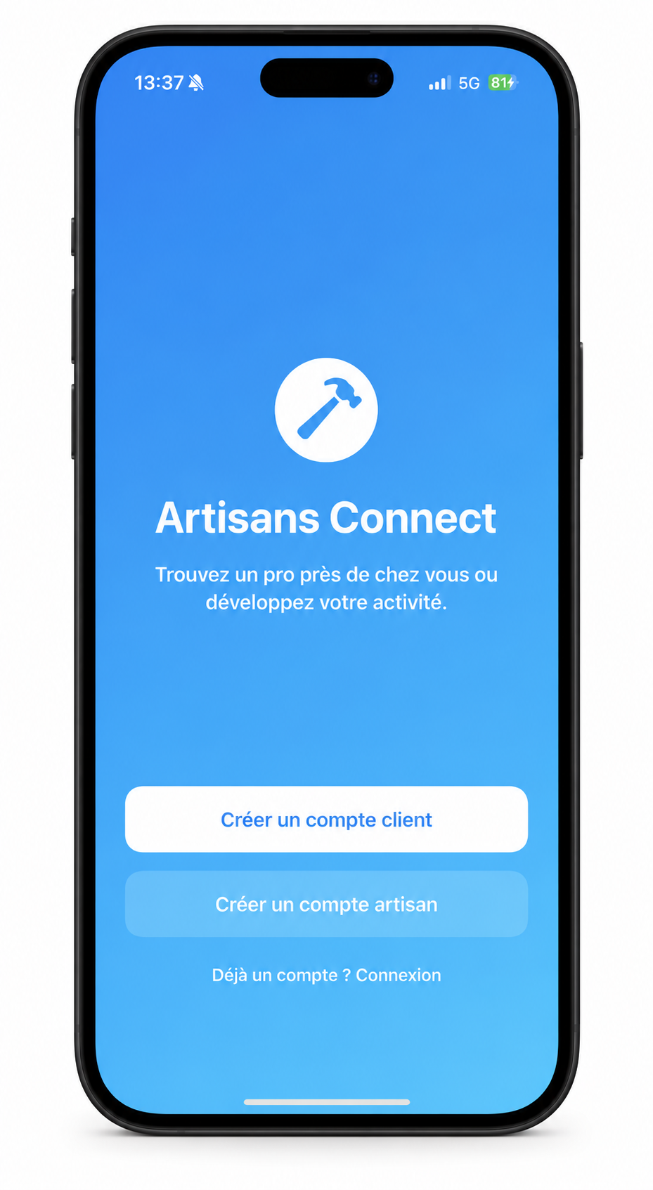 Écran de création de compte Artisans Connect